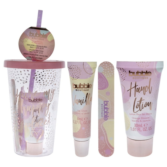 Bubble Boutique Travel Cup - Embalaje ecológico de Style and Grace para mujeres - 4 unidades de loción para manos de 1.01 oz, brillo de labios de 0.27 oz - vainilla, vaso para beber, lima de uñas