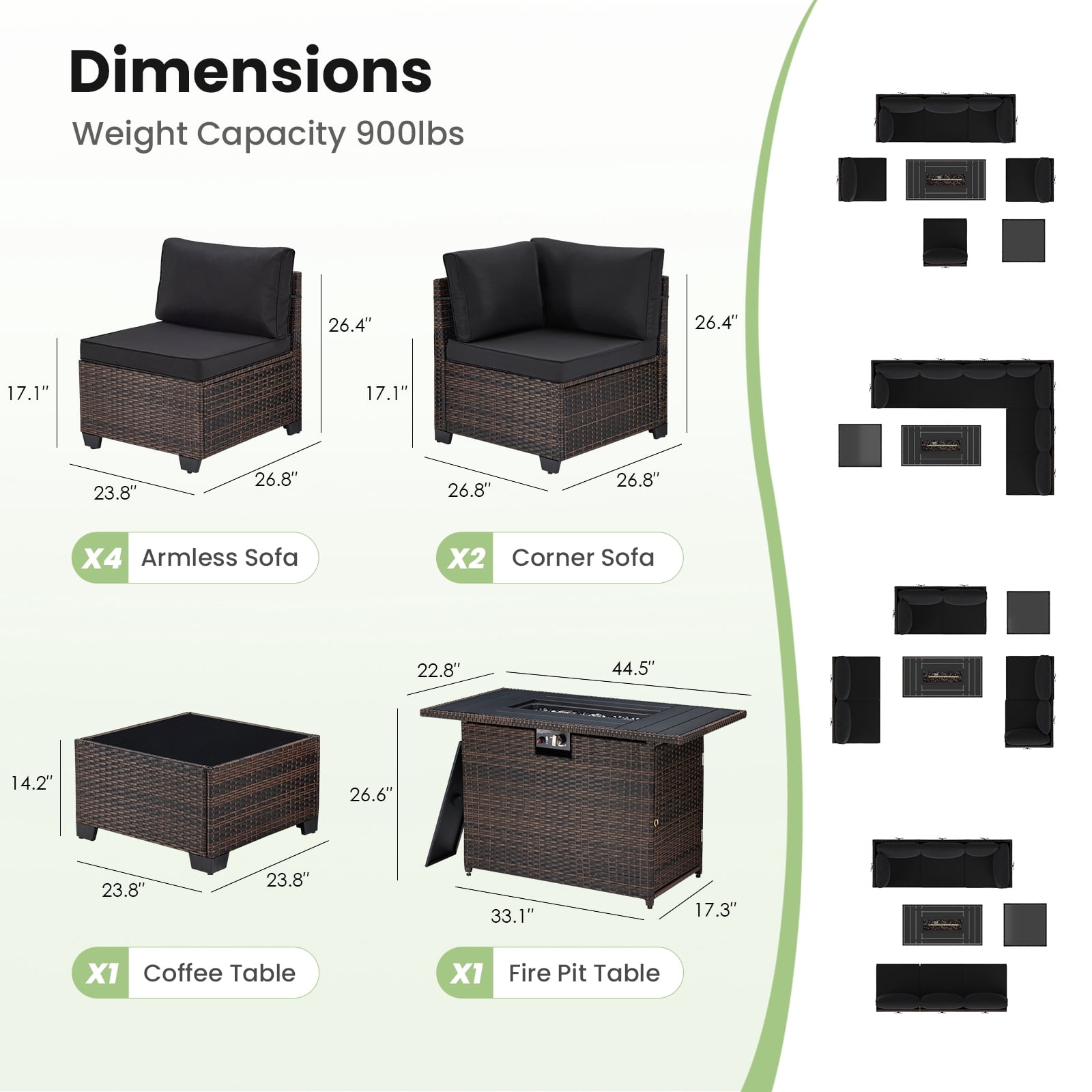 STARY 8 Pieces Outdoor Furniture Set with Fire Pit Table, Wicker Patio Sectional Sofas, All-Weather Outdoor Conversation Set for Garden, Black