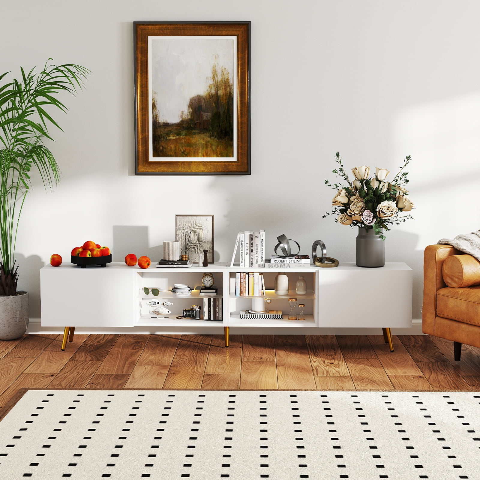 Bonzy Home 86" TV Stand, Television Console Table for 85" TV, Modern Entertainment Center with Storage Cabinets for Living Room, White