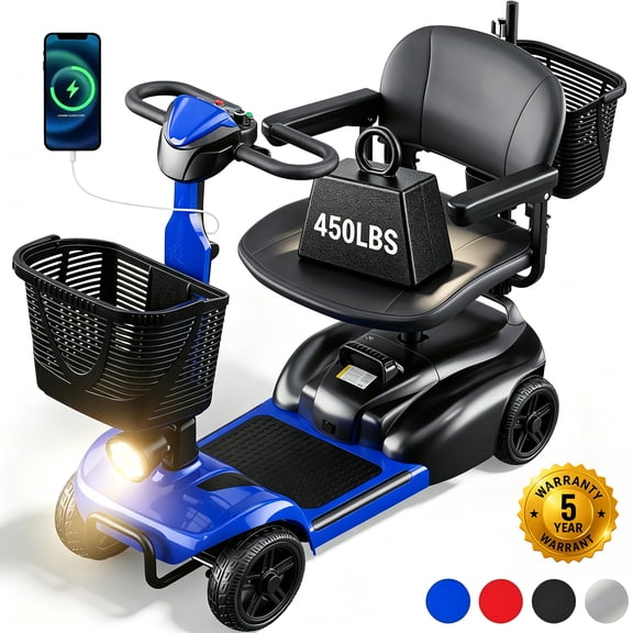 SACVON 4 Wheel Mobility Scooter for Seniors, with 450 lbs Capacity, 320W Motor, 20 Mile Range, Comfort Swivel Seat, Detachable Dual Baskets, USB Port & LED Light, Blue