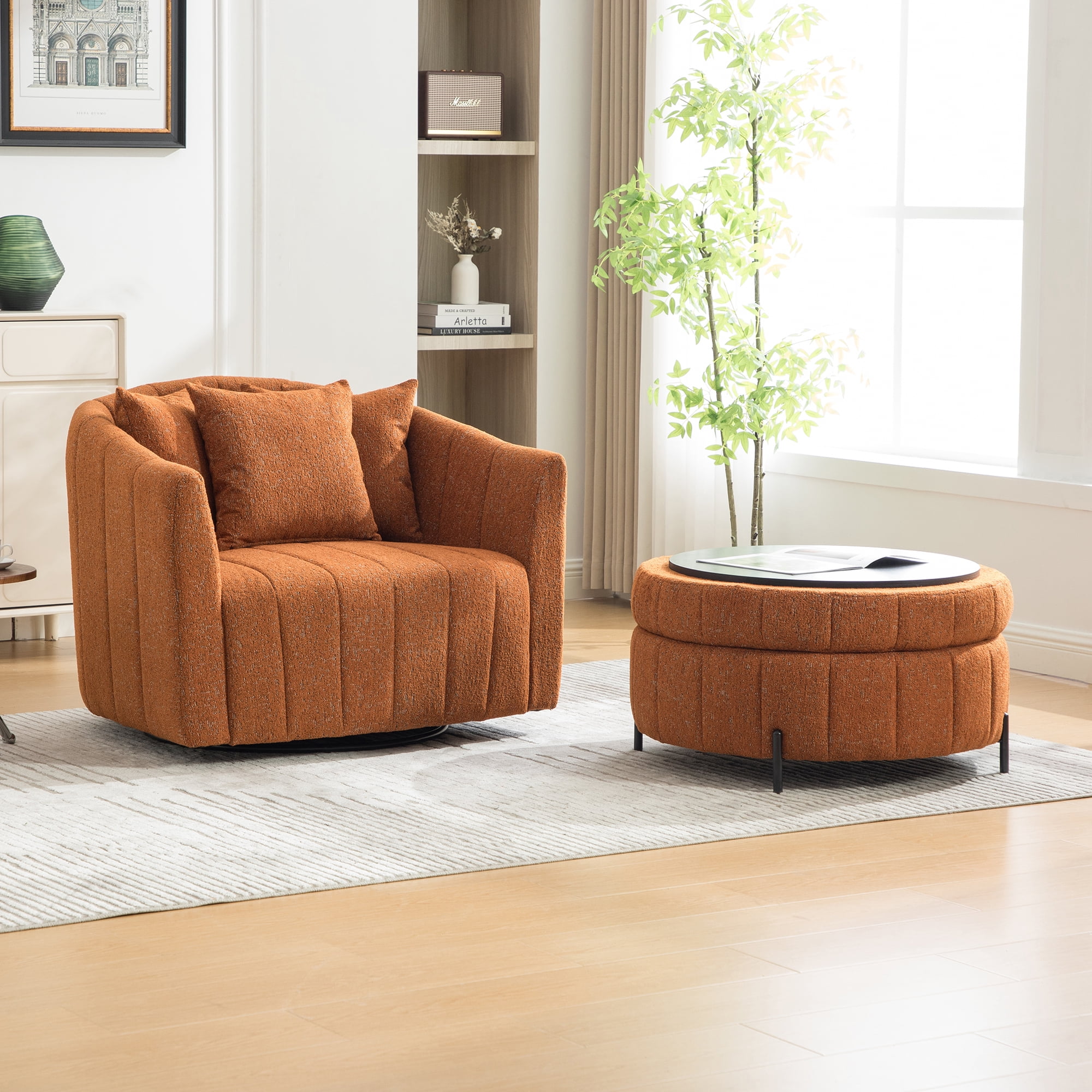 39"W Oversized 360° Swivel Accent Chair Set with Storage Ottoman and Pillow