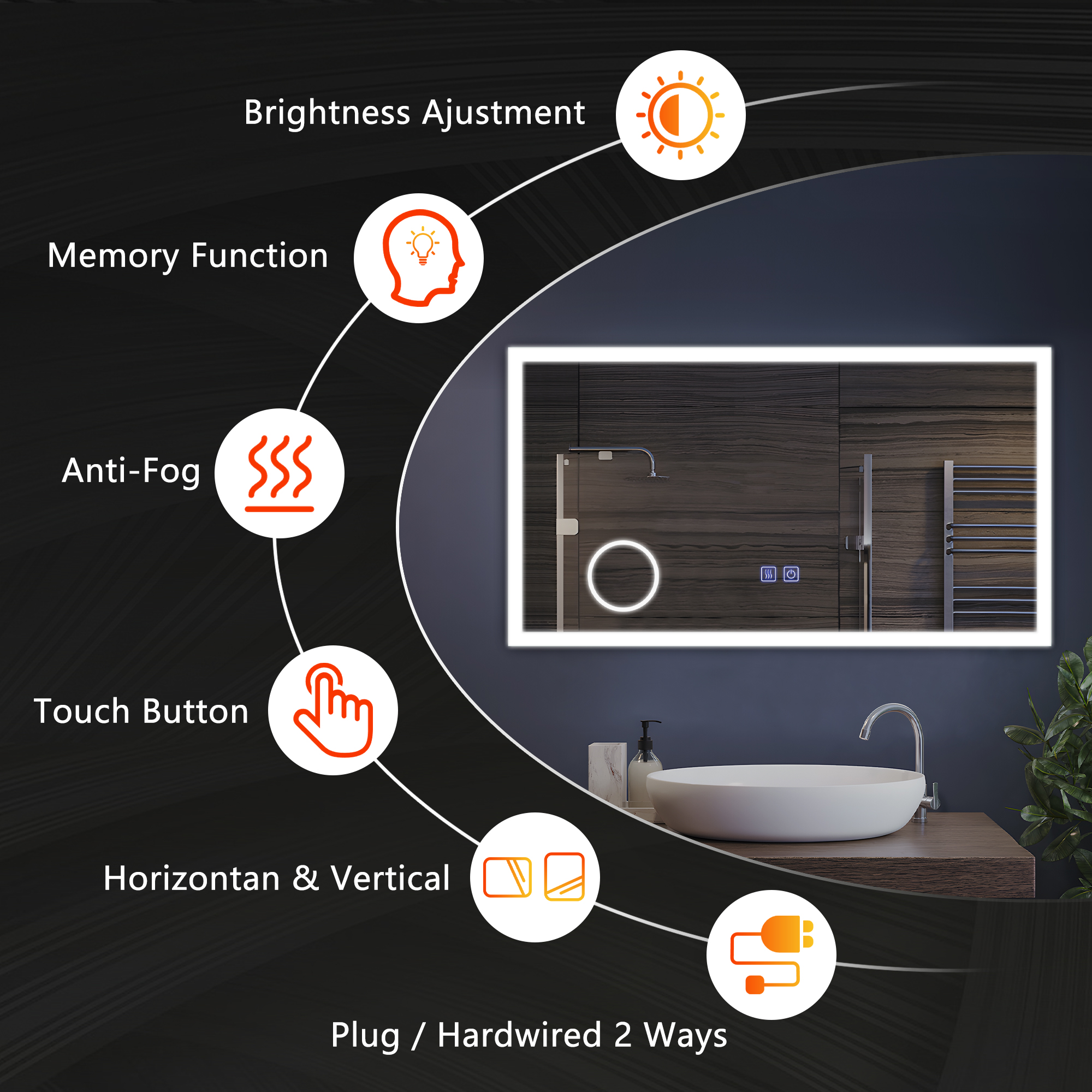 47"x26" LED Wall Mounted Bathroom Mirror Modern Rectrangle Vanity Mirror with Magnifier,Silver