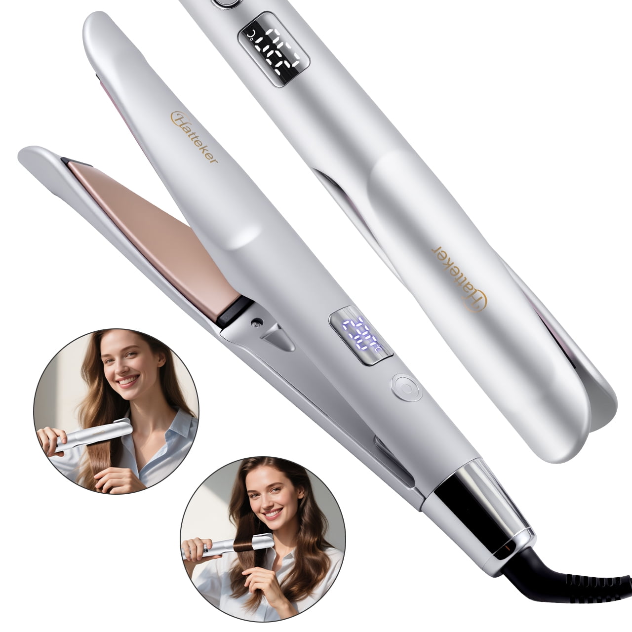 HATTEKER Professional 2-in-1 Curling & Straightening Iron - Hair Straightener - Curling Iron - 11 Temperature Settings - Auto Shut-off - Silver