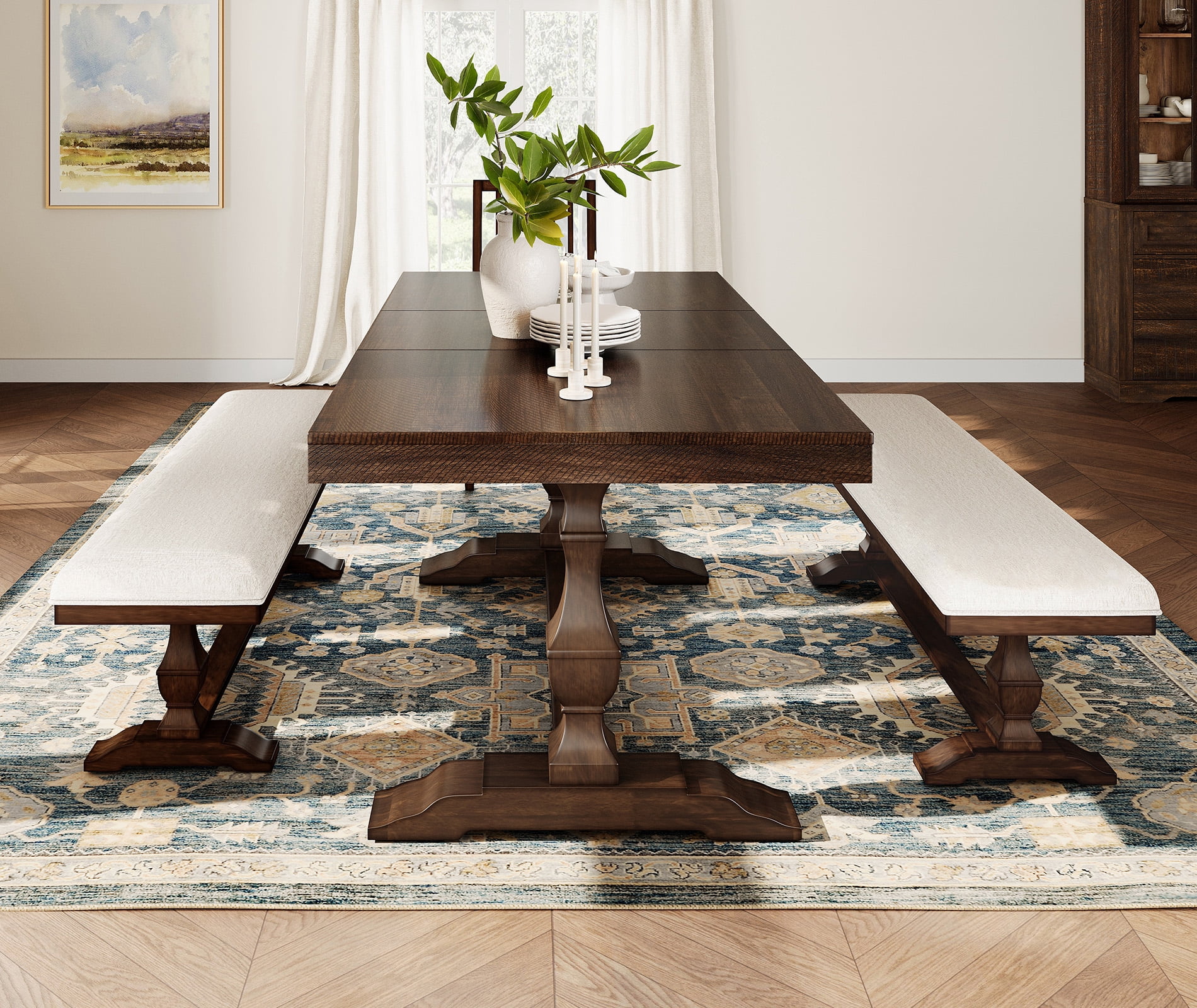 WAMPAT Farmhouse Dinning Bench Seat Pair of 2,59.8" Upholstered Bench with Premium Fabric and Solid Wood Legs for Kitchen, Living Room & Bedroom,Espresso