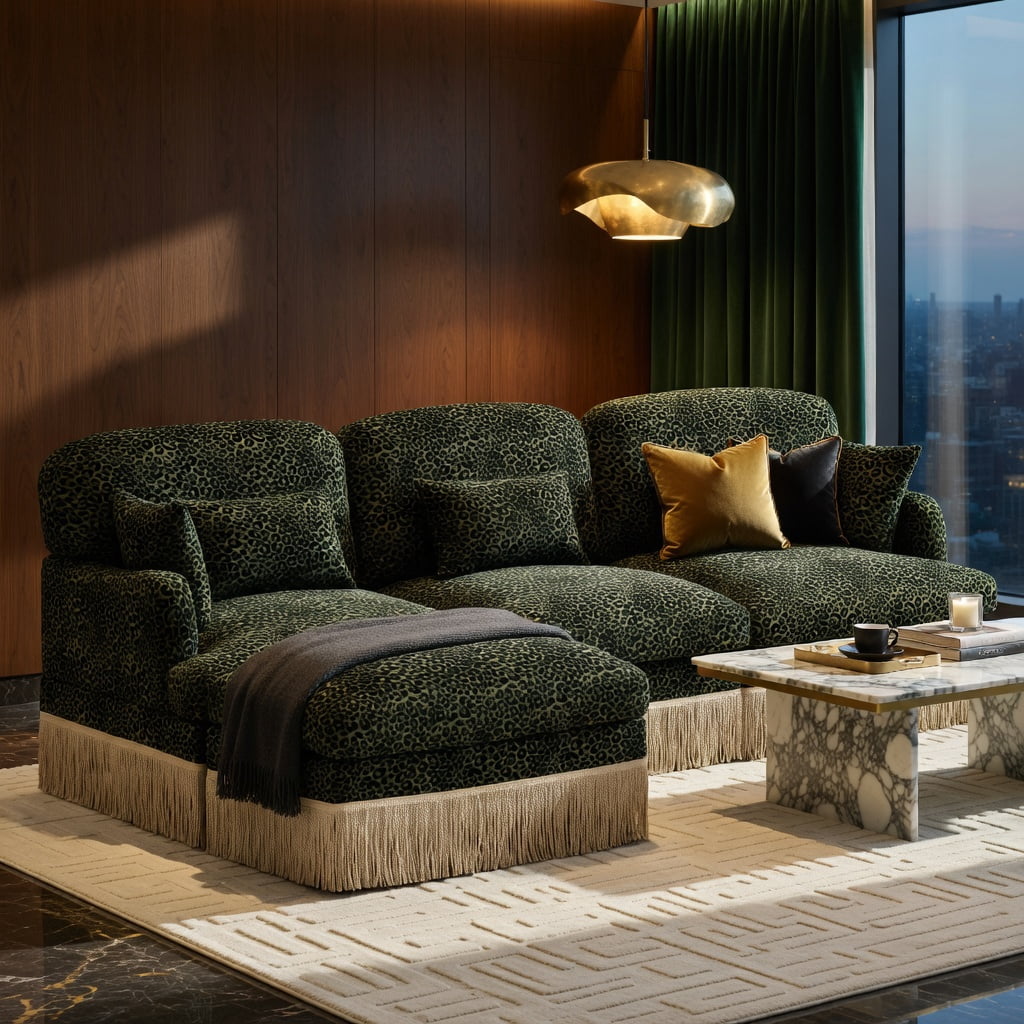 Hommoo 100" Modern Leopard Print Chenille L-Shaped Sofa Set with Movable Ottoman, Deep Seat & Tassel Trim, Easy Assembly, Ergonomic Support for Living Room, Green Black