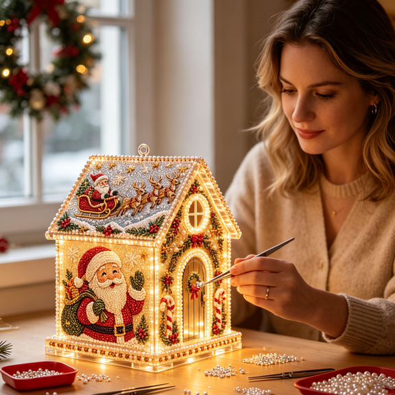 Christmas Decor Christmas House Pearl Art Kit Acrylic for Adults Themed Houses Beads Kits With LED Lights DIY Xmas Tree Ornaments(Santa)