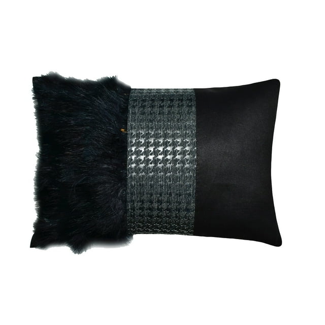 The HomeCentric Decorative Black 12"x26" (30x65 cm) Lumbar Bed Pillowcases, Faux Leather & Suede Feather, Textured, Patchwork Bed Pillow Case, Abstract Pattern Modern Style - Wicked Black