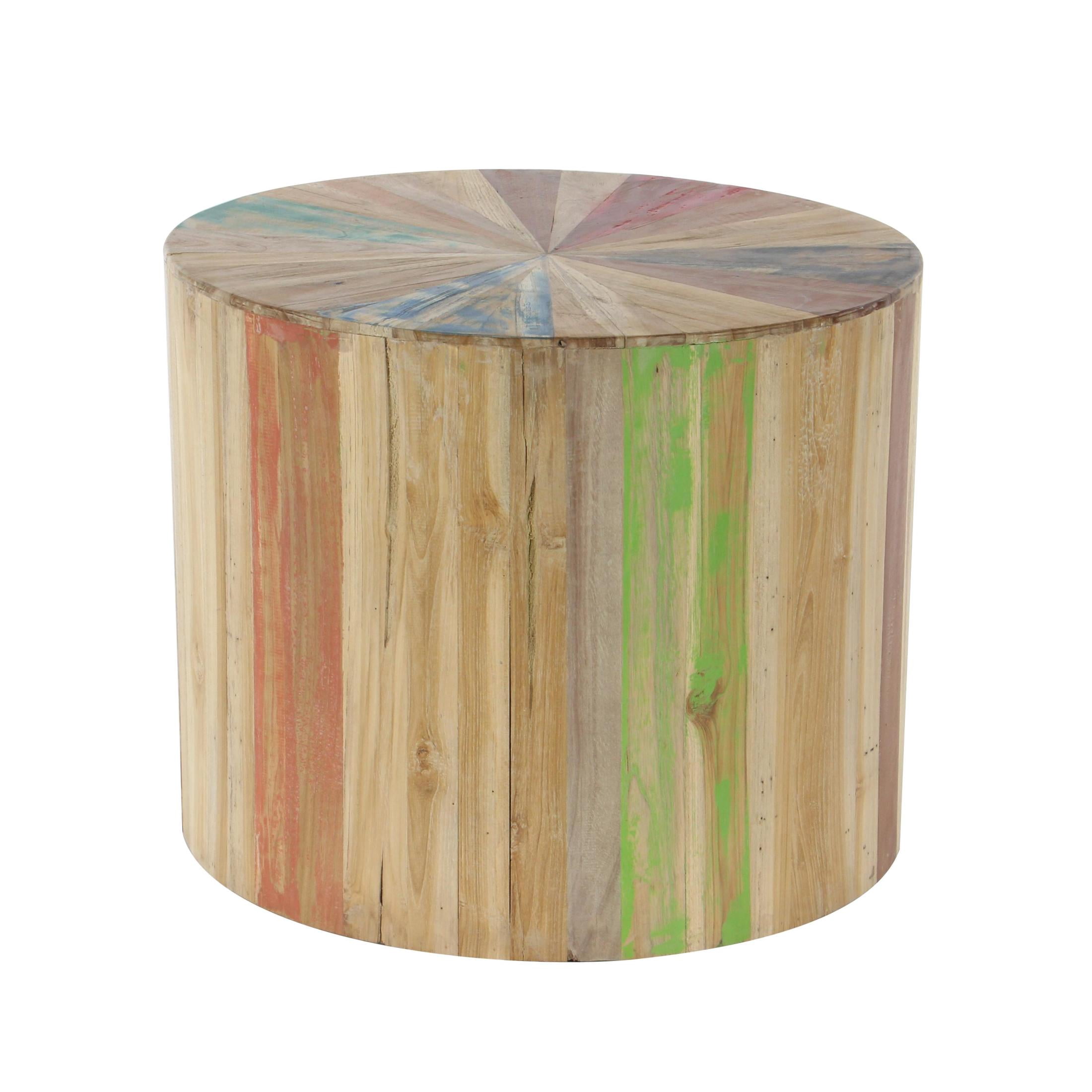 DecMode 22" x 18" Brown Reclaimed Wood Handmade Pinwheel Drum Starburst Accent Table with Colorful Painted Accents, 1-Piece