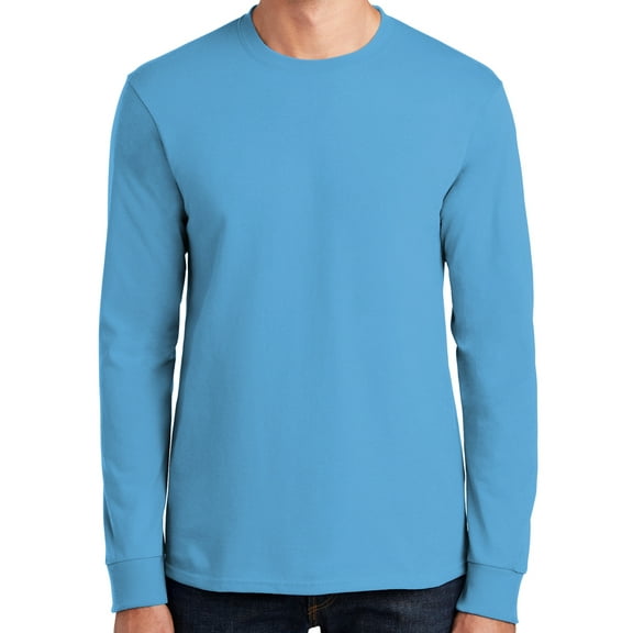 Mens Heavyweight Long Sleeve 100% Cotton Tee Shirt, Small Aquatic Blue