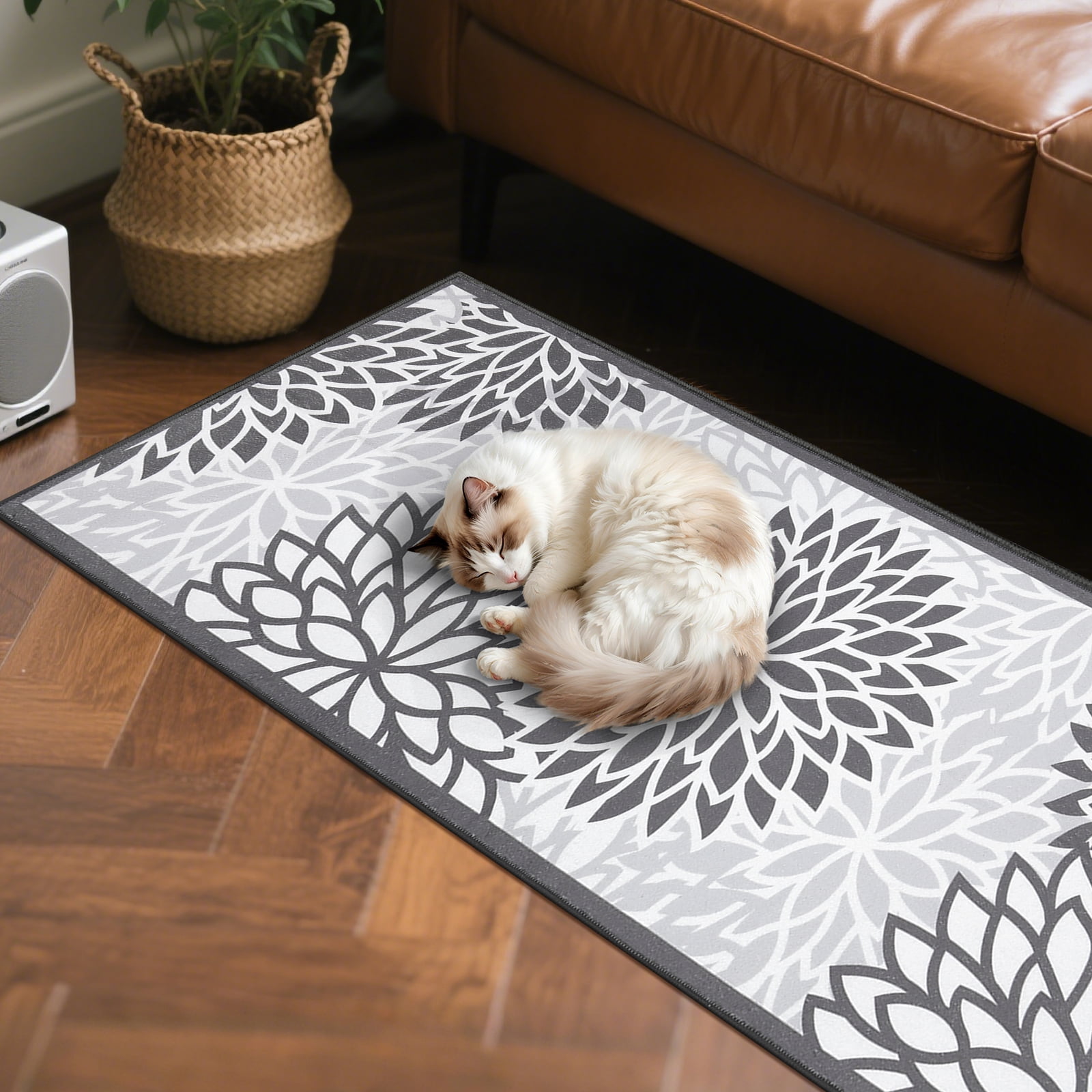 MeyJey 2'x10' Floral Runner Rug for Hallways, Oriental Non Slip Machine Washable Area Rugs Vintage Floor Carpet for Bedroom Kitchen Dinning/Living/Laundry Room, Gray/White