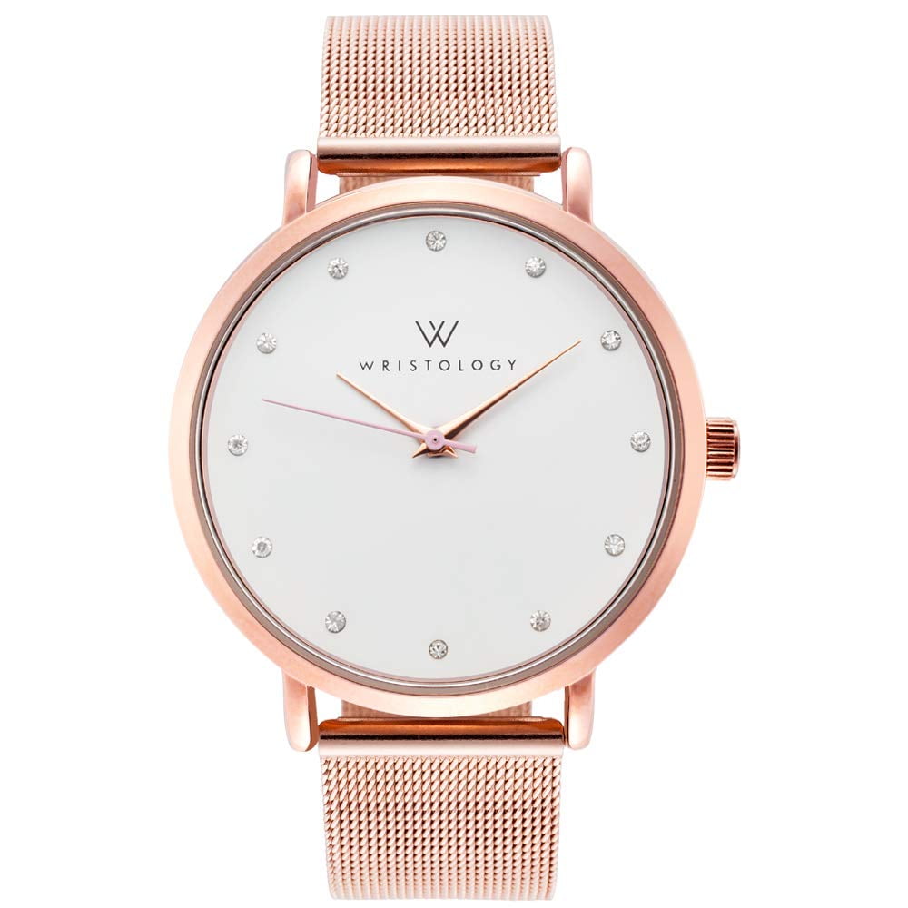 WRISTOLOGY Olivia Womens Watch Crystal Rose Gold Boyfriend Ladies Stainless Steel Metal Mesh Strap Band