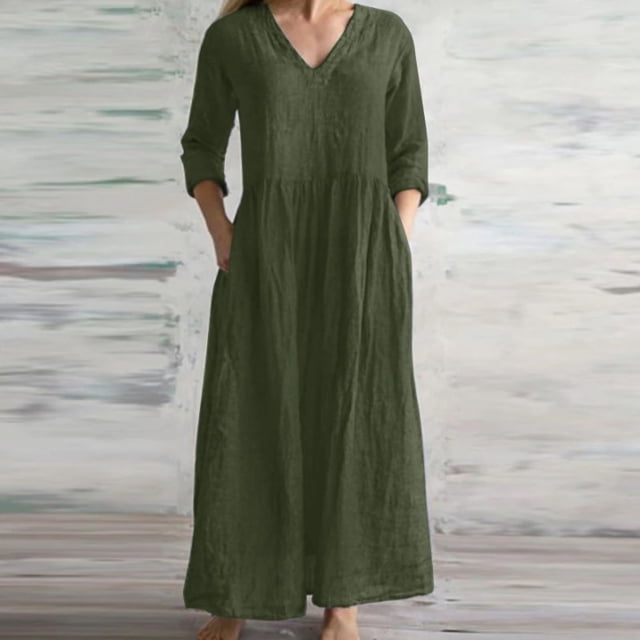 Robe à Manches Longues pour Femmes Mode Printemps/été Col en V Manches 3/4 Coton Lin Robe T-Shirt en Liquidation