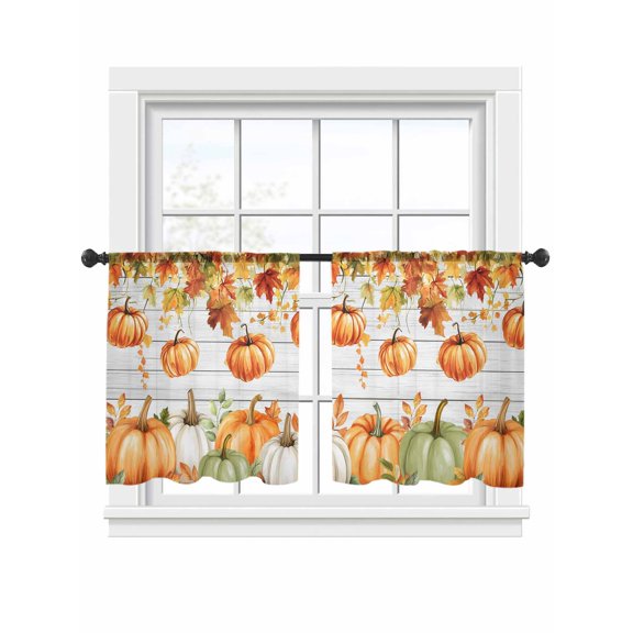 Thanksgiving Pumpkin Sheer Curtains 54 inches Long, Maple Leaves Retro Wood Texture Light Filtering Sheer Window Curtains Rod Pocket Voile Drapes for Bedroom Living Room, 2 Panels 52"W x 54"L