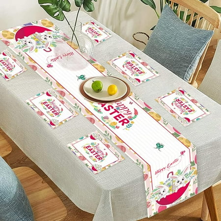 

Easter Table Runner with Placemats Set of 6 Happy Easter Table mats 13.8 x70.9 Polyester Linen Easter Bunny Table Runner Table for Spring Easter Holiday Decoration Party Supplies Favors