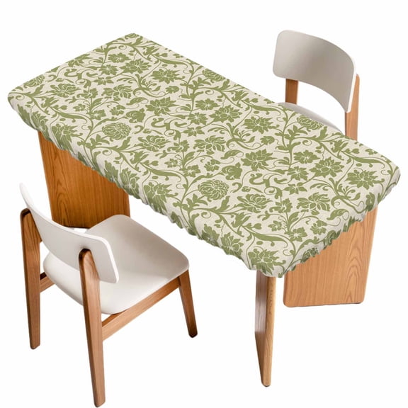 Green Floral Table Cloths for 3 Foot Rectangle Tables, Vintage Rustic Botanical Spring Patio Waterproof Elastic Fitted Tablecloths, Washable Rectangular Table Cover for Camping