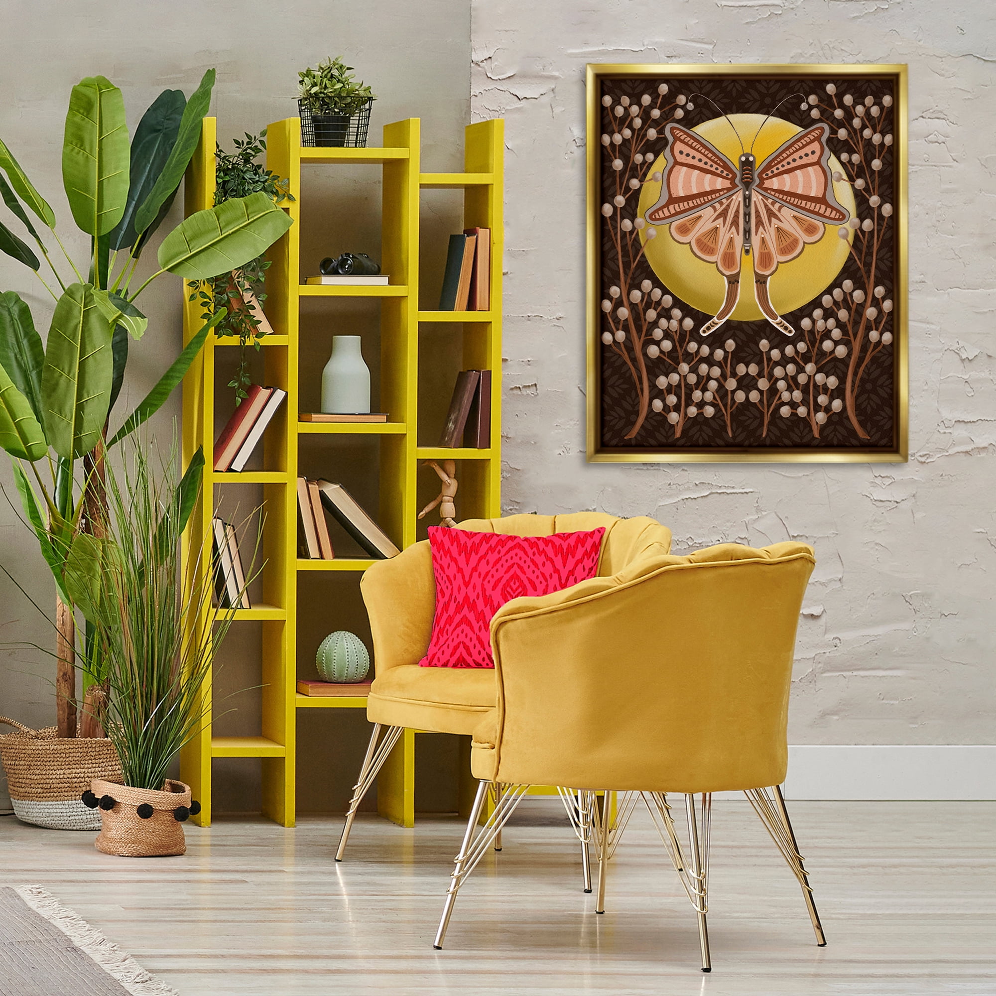 Stupell Industries Moth with Pussy Willows Insects Painting Gold Floater Framed Canvas Art Print Wall Art, 25 x 31