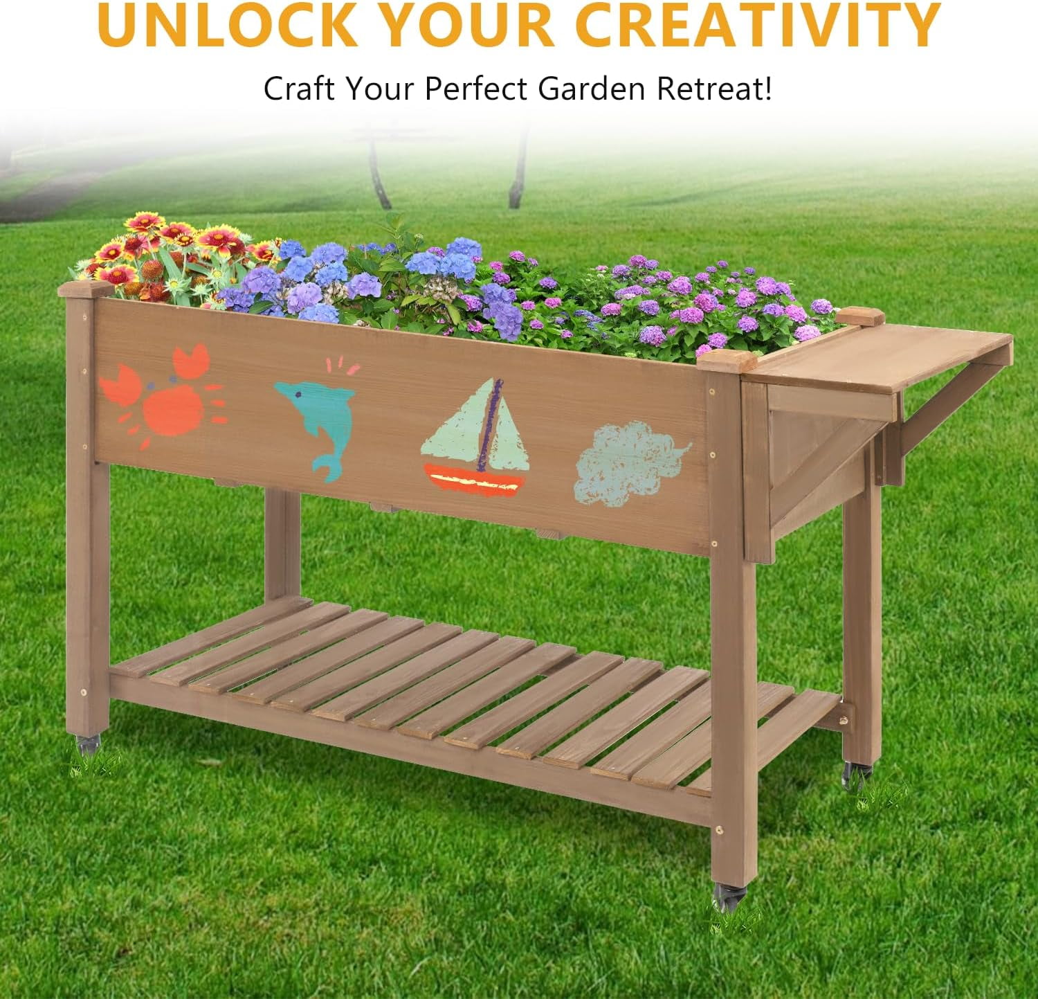 PETSCOSSET Raised Garden Bed with Wheels, Mobile Wood Elevated Planter Box with Storage Shelf, Liner, Easy Assembly, Brown, 55.5x24x32in