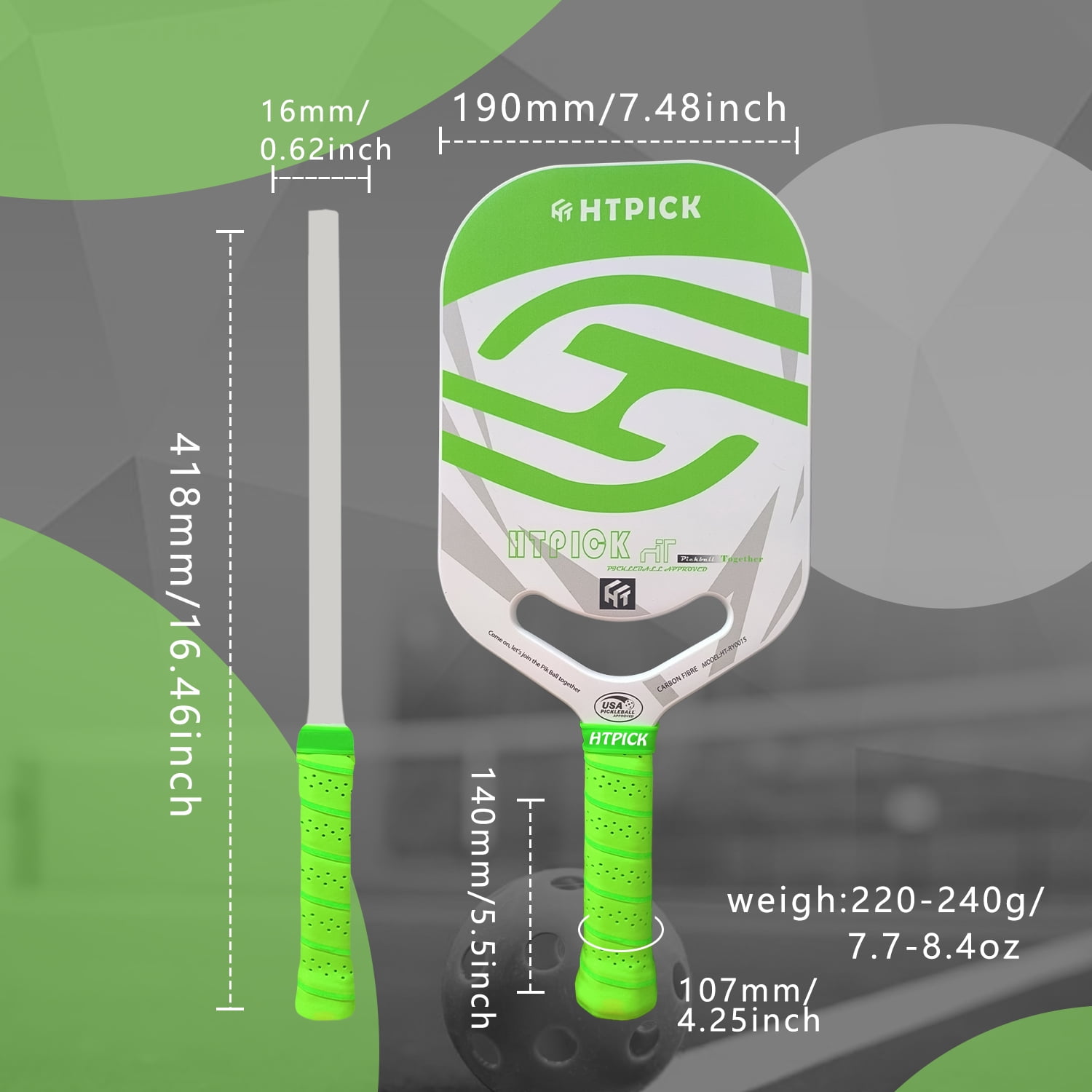 HTPICK Thermoformed Pickleball Paddle - T700 Carbon Fiber Surface, 16mm Honeycomb Core, Green, USAPA Approved