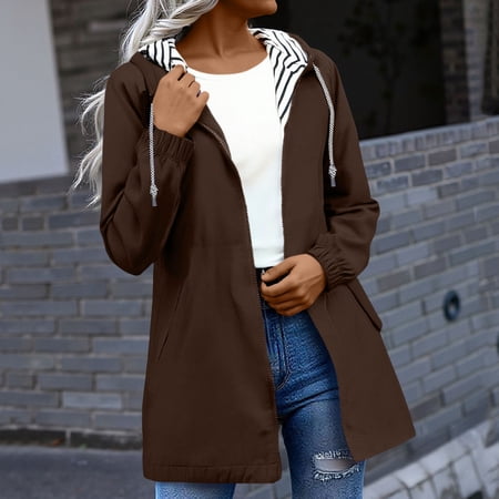 SDNall Jackets for Women Coats for Women Rain Coats for Women Women Solid Color Rain Jacket Outdoor Hooded Windproof Loose with Pocket Coat Rain Jacket Women Jackets for Women Fashion