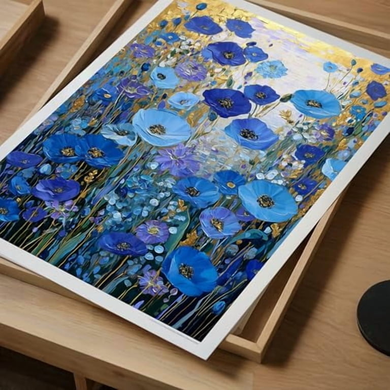 キム「Flower on the Blue Table」版画 額装 #501 Gustav Klimt Wall Art, Blue Flower Poster, Botanical Wall Art