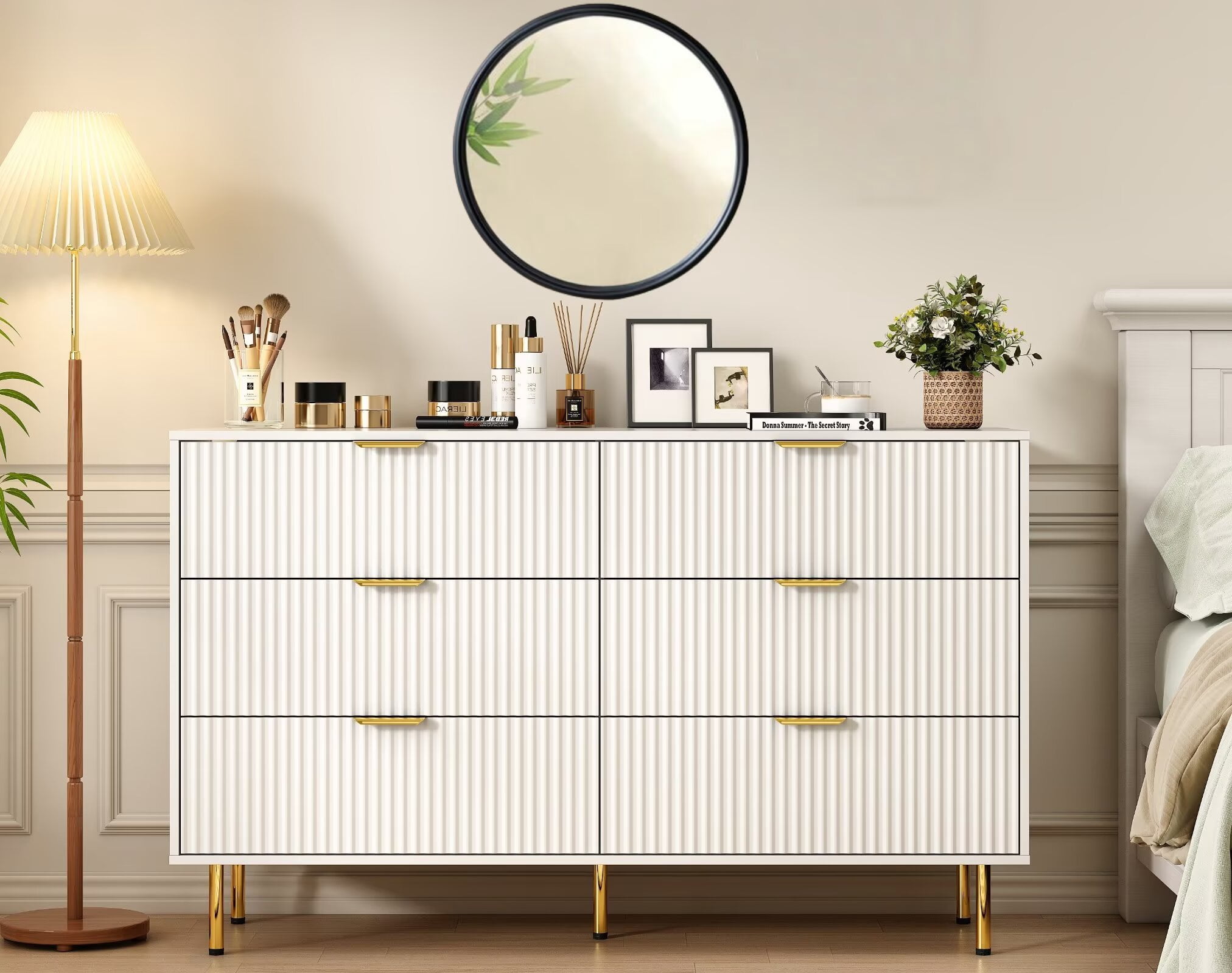 56" Wide White 6 Drawers Dresser for Bedroom, Fluted Storage Chest of Drawers Living Room