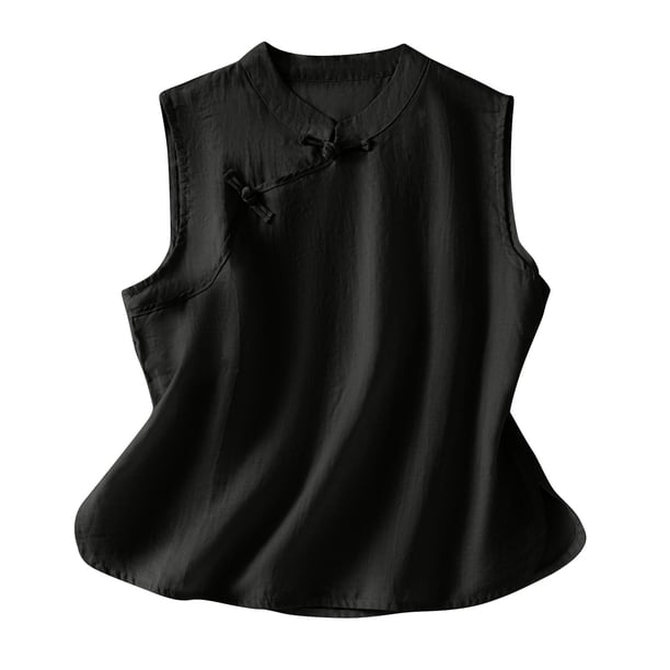 Vestidos Casuales Para Mujer, Blusas De Mujer De Moda Camiseta sin mangas con cuello alto y botones de lino sintético para mujer, color liso