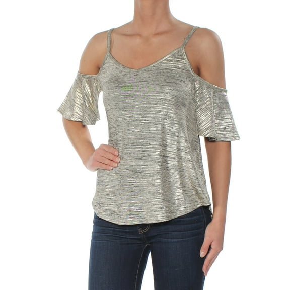 BAR III Womens Gold Heather Cold Shoulder Metallic Top XS