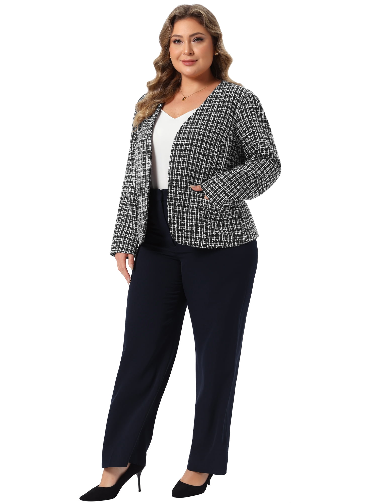 DARING DIVA Women's Plus Tweed Blazer Open Front Long Sleeve Jacket 1X Black