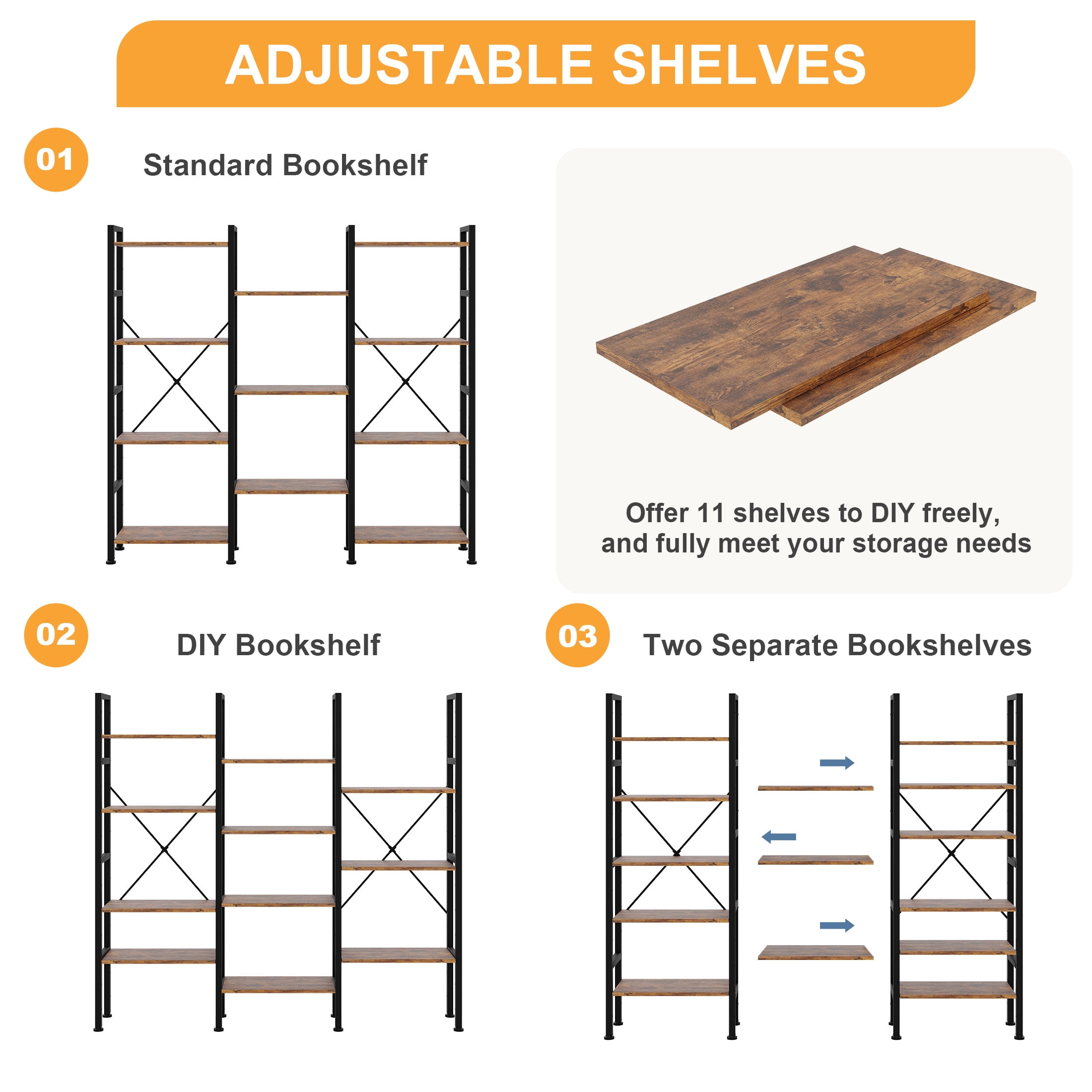 EDX Triple 4 Tier Bookshelf Storage Shelf, Modern Freestanding Bookcase with Metal Frame, Open Display Shelves, Space Saving Storage Organizer, Rustic Brown