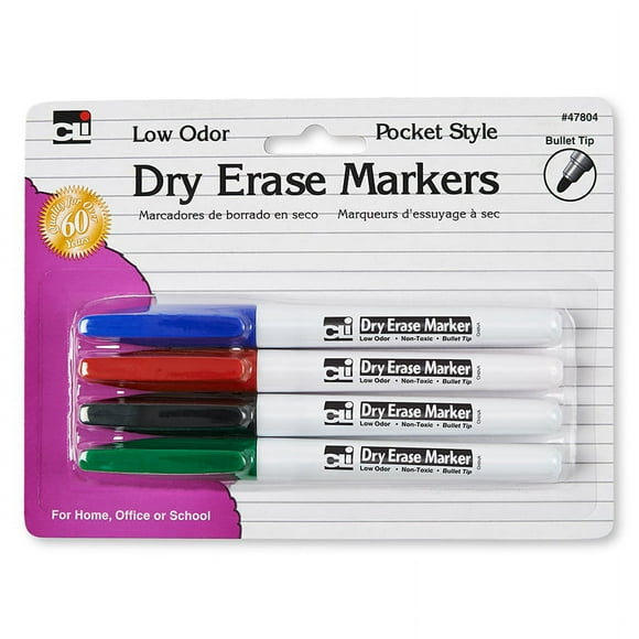 Charles Leonard Dry Erase Markers, Bullet Tip, Assorted Colors, 4 Count