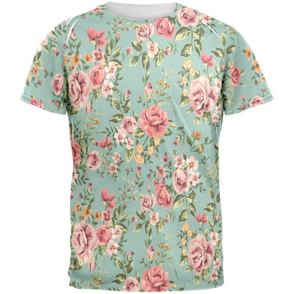 Turquoise Flower Pattern All Over Adult T-Shirt - Large