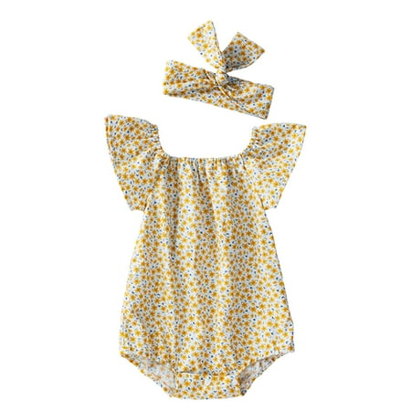 

HEMOTON 1 Set Baby Girls Flower Jumpsuit Lovely Summer Short Sleeve Romper with Headband