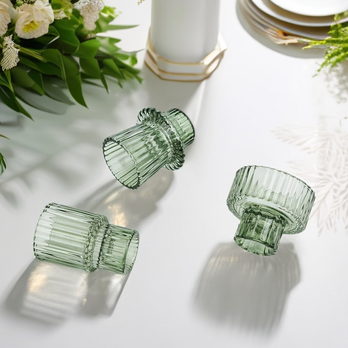 HofferRuffer Glass Taper Candle Holders, Set of 3, Green photo 6
