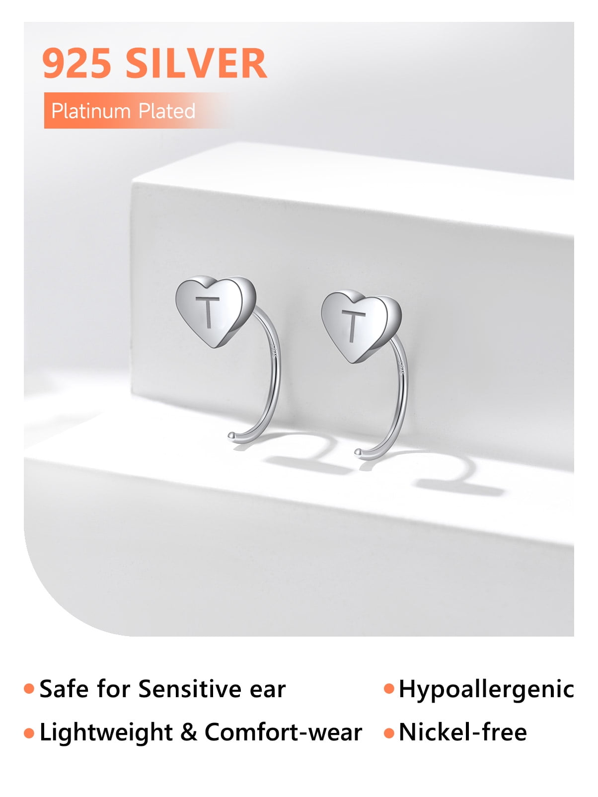 Silvora Half Hoop Earrings for Women Sterling Silver Heart Initial Earrings Minimalist Cartilage Piercing Open Huggie Ear Charms, Letter T