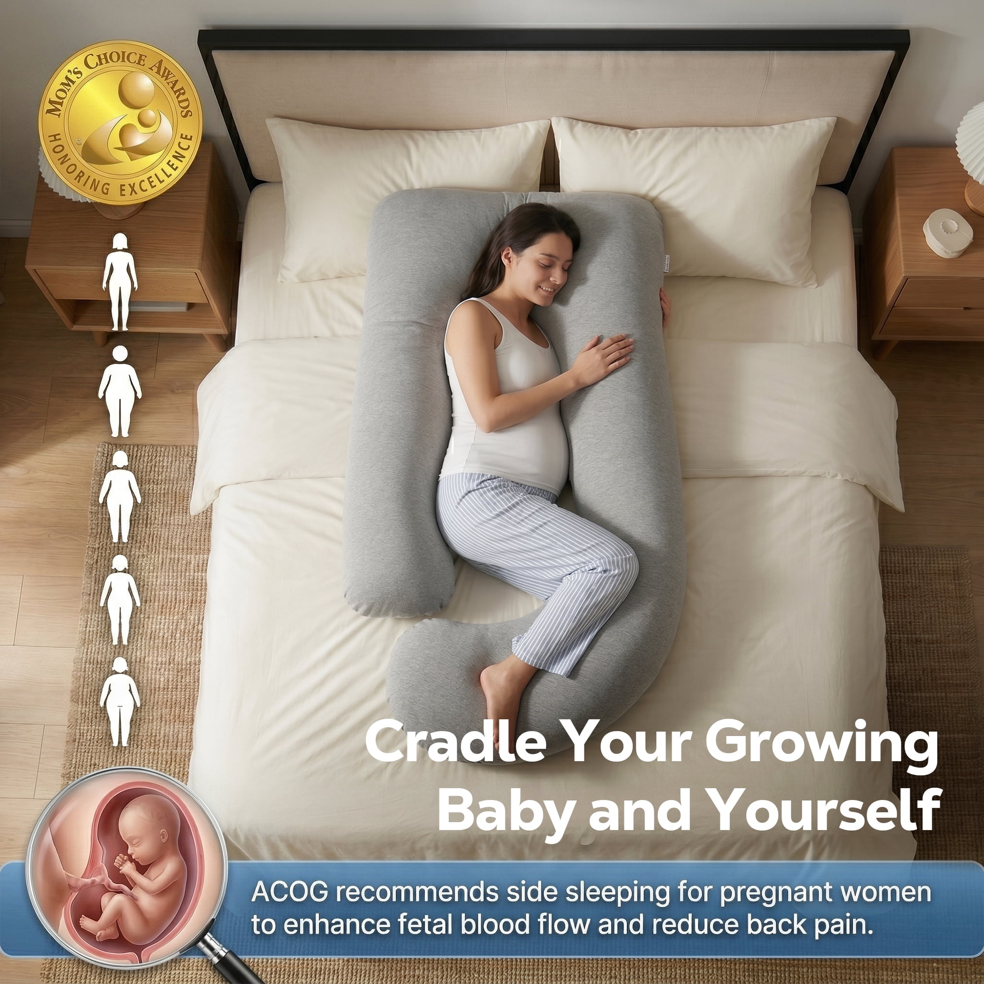 RUPOUN Pregnancy Pillow, J-Shaped Maternity Body Pillow for Sleeping, 70-Inch Full Body Support with Removable Cooling Ice Silk Cover, Gray
