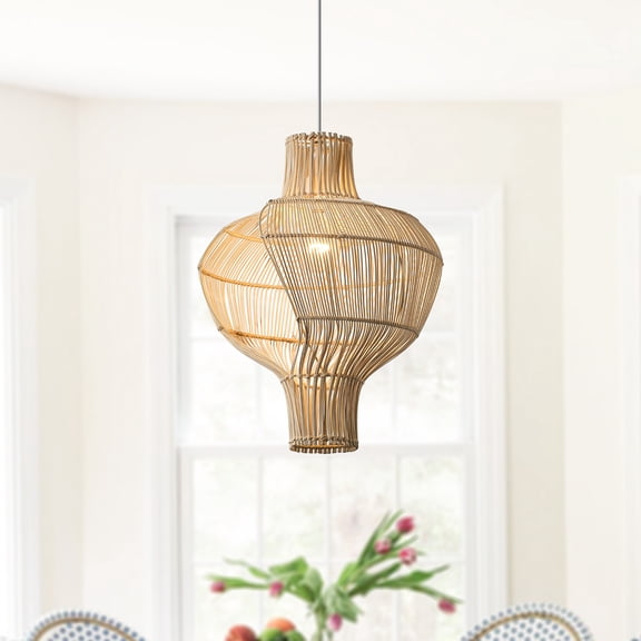 16" Coastal Gourd-shaped Handwoven Rattan 1-Light Adjustable Chandelier