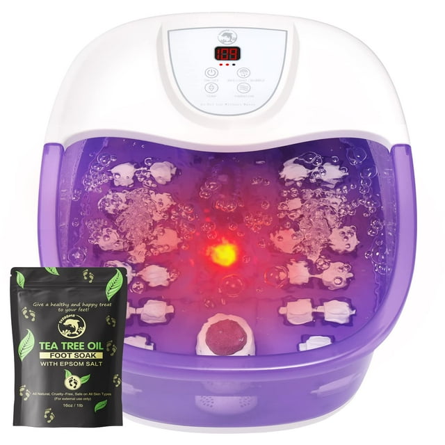 ECARBME Masajeador de baño para pies con vibración de calor, chorros de control de temperatura, burbujas y sal de Epsom, remojo de pies con 22 rodillos de masaje Shiatsu, masajeador de baño para pies