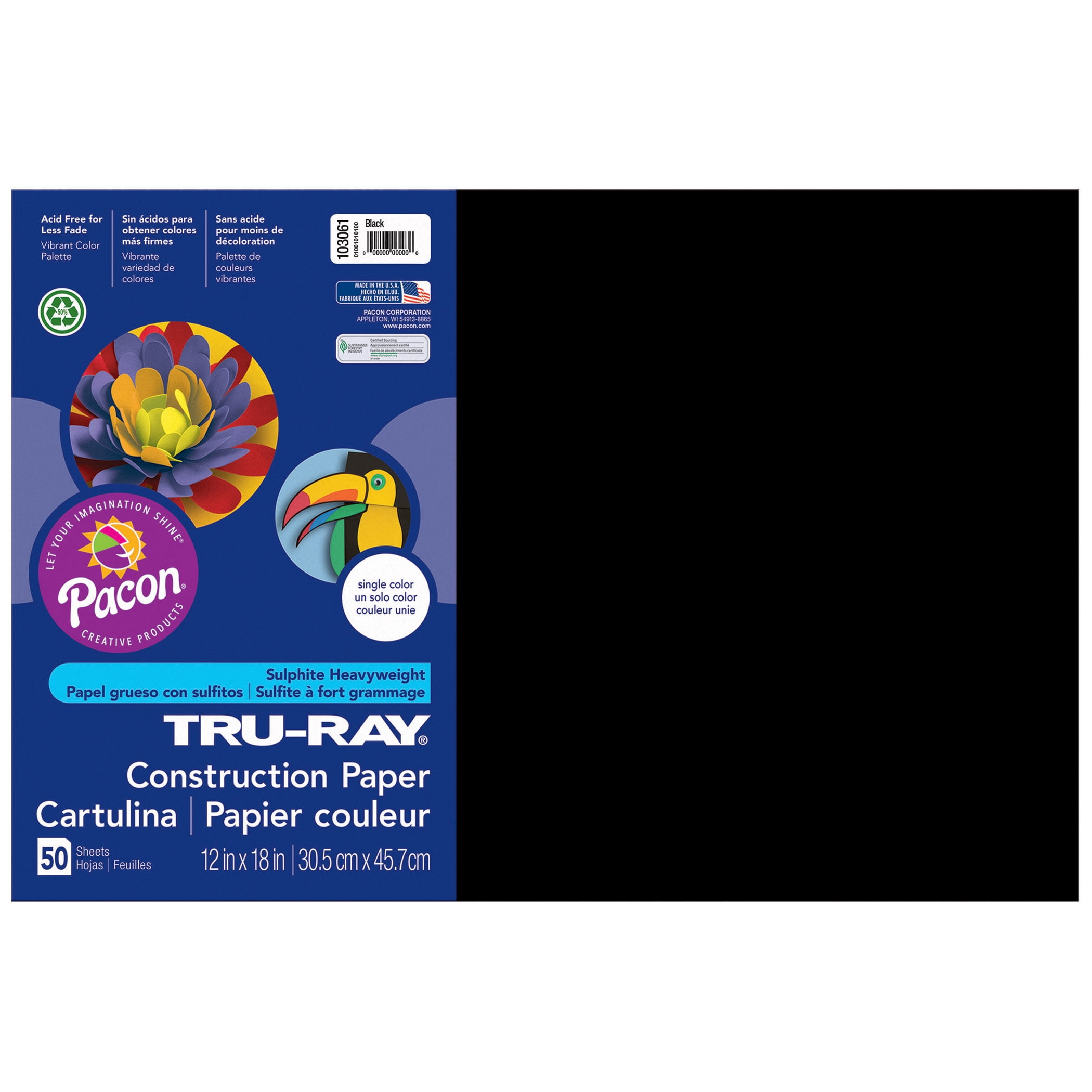 Pacon® Tru-Ray® Construction Paper, 12' x 18', Black - 50 Sheets per pack, 5 packs