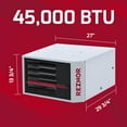 thumbnail image 4 of Reznor 45,000 BTU Gas Unit Propane Garage Heater, Warehouse, and Indoor Shop Heater | LP Fueled, Quiet Forced Air, Ceiling Mount, Low Static Propeller | UDXC-45, 4 of 6