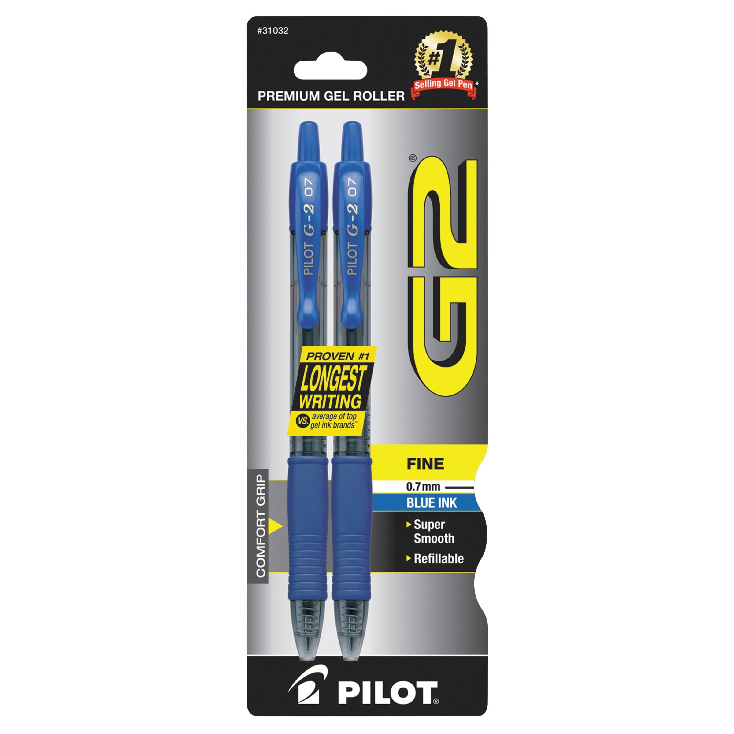 Pilot G2 Retractable Gel Ink Pens, Fine Point, Blue, 2 Pack, 17510773