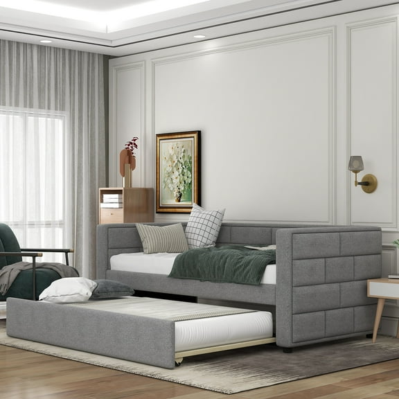 MODERNLUXE Upholstered Twin Size Daybed with Trundle for Bedroom, Gray