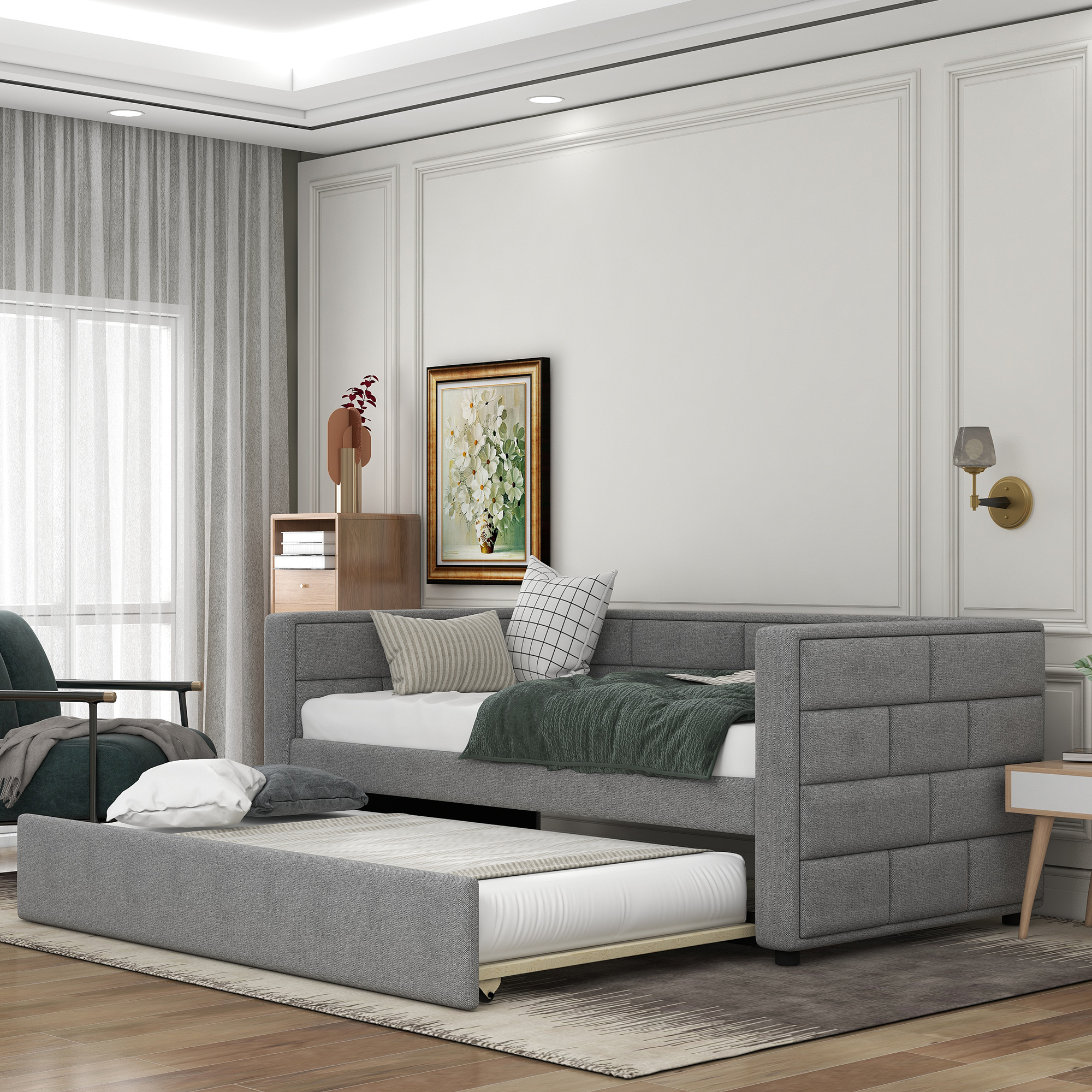 Twin Size Upholstered Daybed with Trundle and Padded Back - Bedroom Furniture - Gray - image 2 of 10