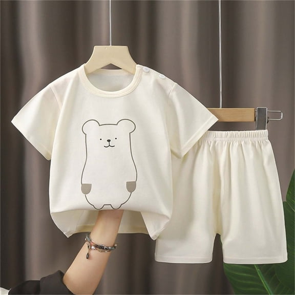 Kids Boys Girls 2‑Piece Pajama Set, Comfortable Cotton Round‑Neck T-Shirt and Elastic Waist Shorts, Soft Outfit Set For Spring Summer Home | TruHer,Beige 3 Years