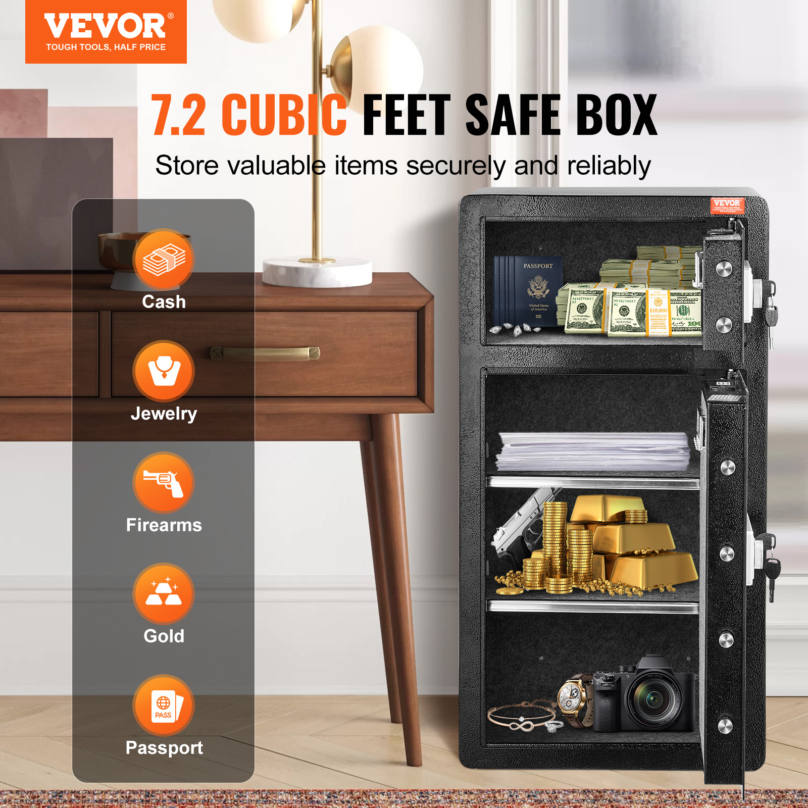 VEVOR Double Doors 7.2 cu.ft Safe Box with Key Lock & Password,Safe Lock Box with Fireproof Bag,Key Rack,LED Light and 2 Height Adjustable and Removable Divider for Money,Jewelry and Valuables,Black