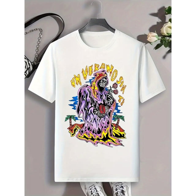 Graffiti Letters And Cartoon Skeleton Graphic Print, Men's Casual Fit T-shirt, Cool Tee Top Clothes For Men For Summer For Everyday Activities