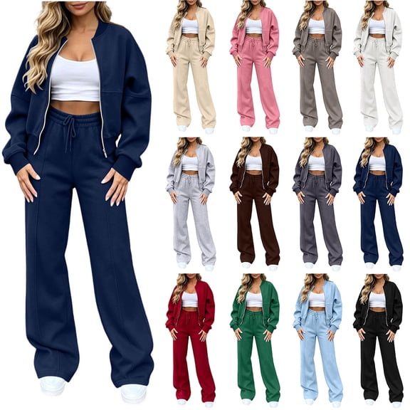 Women's 2‑Piece Casual Tracksuit Set, Ribbed Zip‑Up Round‑Neck Top & Elastic Waist Drawstring Wide‑Leg Sweatpants, Soft Stretch LoungeOutfit for Fall Winter Daily Casual Navy XL