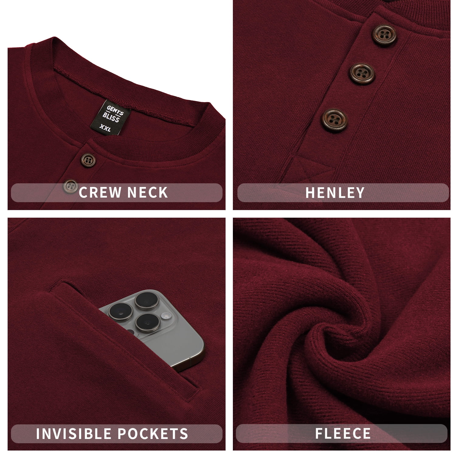 GENTS BLISS Henley Sweatshirts for Men Long Sleeve Crew Neck Men Sweatshirts Casual Pullover Tops with Pocket