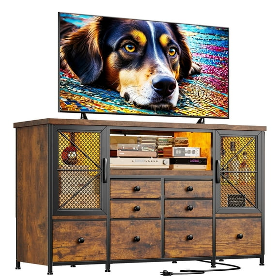 Romorgniz Dresser for Bedroom with 8-Drawers,TV Stand for 60"TV with LED Lights & Power Outlets,Mesh Door,Rustic Brown