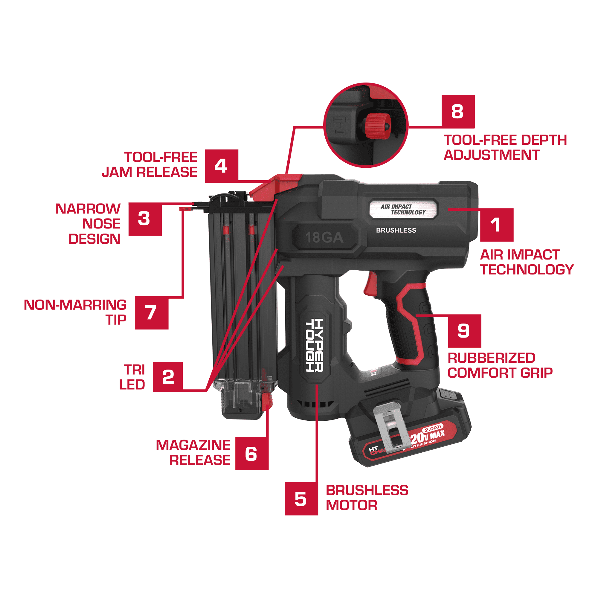 Hyper Tough 20V Max Brushless Cordless 18-Gauge Brad Nailer Kit, 2-1/8 in., with (1) 2.0Ah Lithium-Ion Battery, CCT18BWT