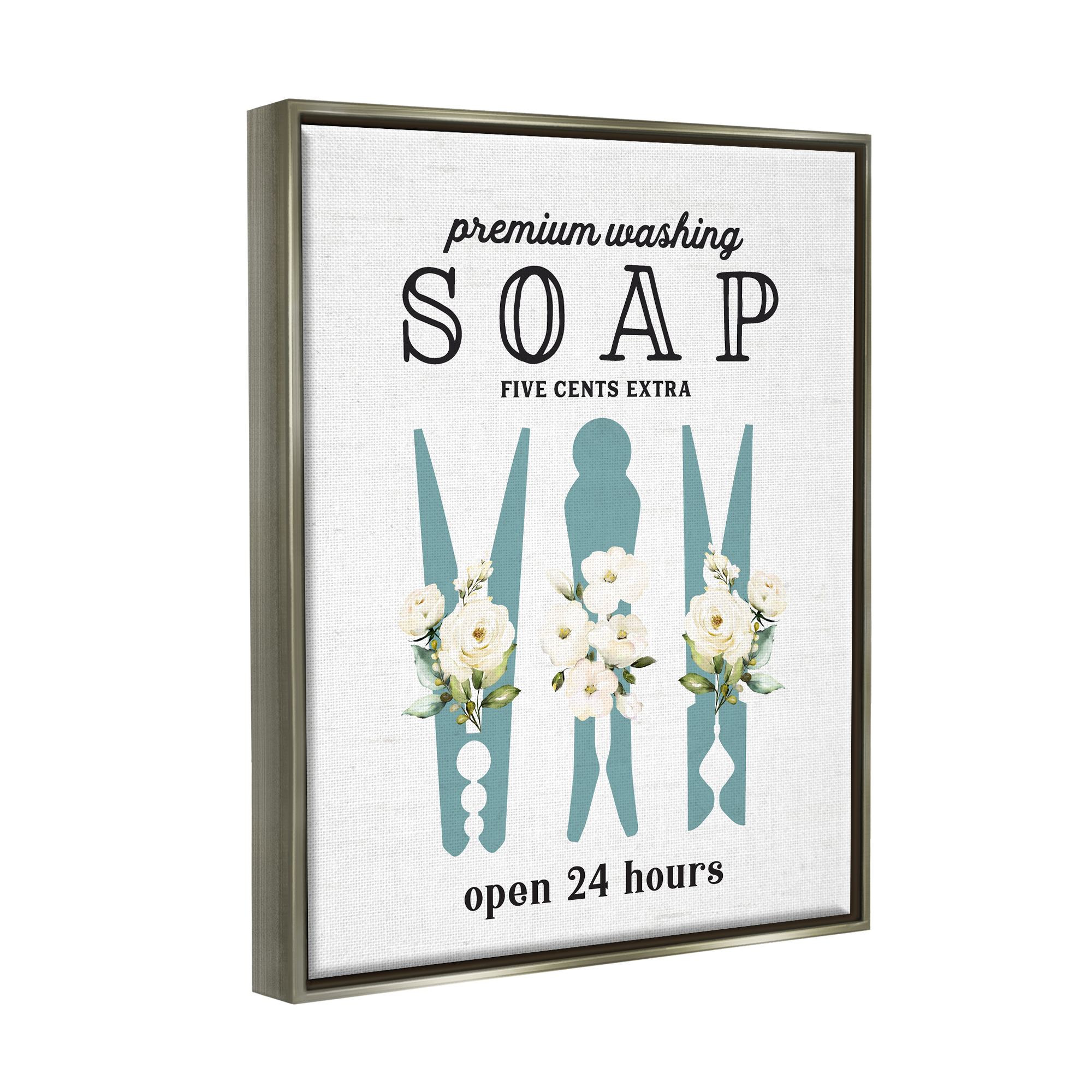 Stupell Industries Premium Soap Laundry Sign Vintage Floral Clothespins Graphic Art Luster Gray Floating Framed Canvas Print Wall Art, Design by Lettered and Lined